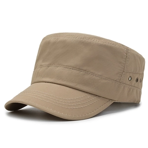 Men's khaki flat top cadet hat with breathable side eyelets and wide brim sun protection
