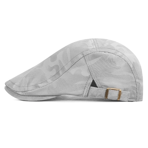 Grey camouflage mesh flat cap with breathable jacquard fabric and metal adjustment buckle