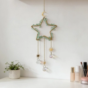 Star-shaped crystal dream catcher with golden moon pendant and hanging prism balls