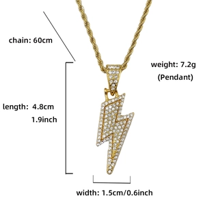 Detailed size chart for gold lightning pendant showing 4.8cm length and 60cm chain