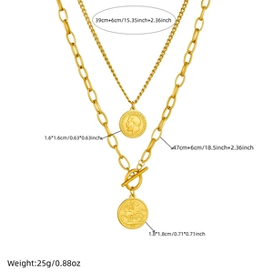 Double-layered gold coin necklace with vintage portrait pendants and OT toggle clasp