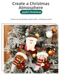 Detail of Santa, Reindeer, and Snowman Christmas stockings hanging on a festive tree