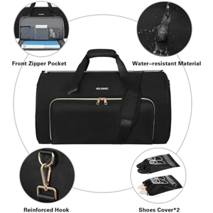 Waterproof convertible travel garment bag detail with shoe covers and reinforced hooks