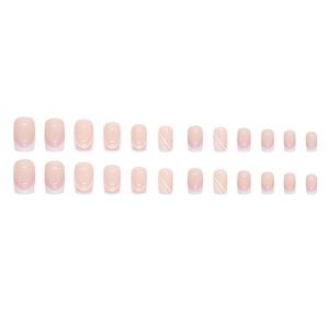Elegant pink and white square press-on nails with French tips and minimalist line art