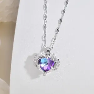 Titanium Steel Heart Of Ocean Necklace For Women Gradient Zirconia Pendant Wing Design Elegant Jewelry Gift