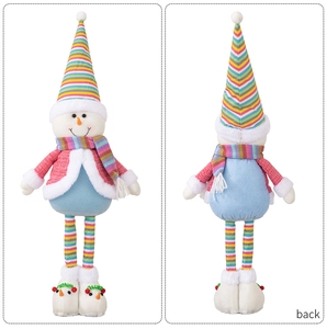 Front and back detail of a plush Christmas snowman doll with colorful striped hat and scarf