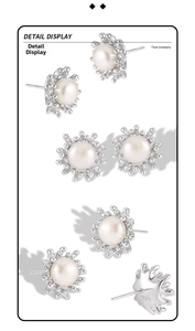 Detail of S925 sterling silver stamp and natural pearl on irregular lava stud earrings