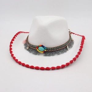 White western cowboy hat with red stitched brim and ethnic beaded turquoise band