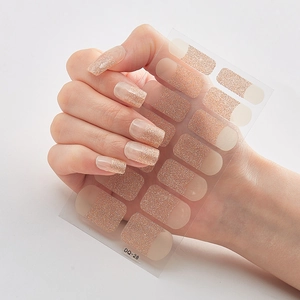 Macro detail of pink glitter French style nail stickers DQ-28 on a white background