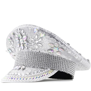 Silver Sequin Captain Hat Rhinestone Faux Artificial Pearl Military Performance Party Wedding Headwear For Women