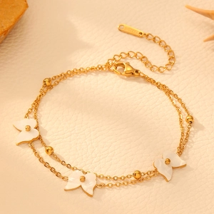 Double-layered golden stainless steel bracelet with three white butterfly charms for women