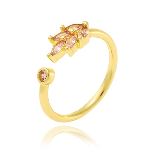Detailed shot of gold-plated open ring featuring pink leaf and round-cut gemstones
