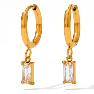 Golden hoop earrings with rectangular clear zircon charms on a clean white background