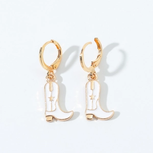 Detail of western cowboy boot earrings with white oil drip finish and star motif