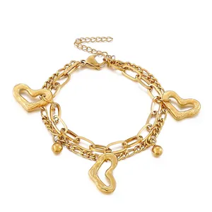 Bracelet Double Couche En Acier Inoxydable Avec Pendentifs Cœur Creux Et Perles Rondes Bijoux De Mode Élégants Pour Femmes