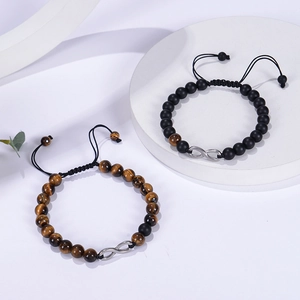 Tiger eye and matte black bead infinity couples bracelet with adjustable cord