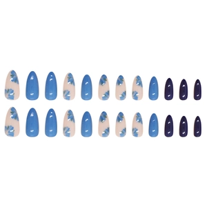 Blue floral press-on nails almond shape glossy bluebell design 24pcs set