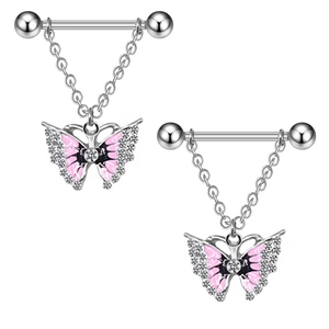 Detail showing a pair of heart-shaped pink zircon nipple rings with a butterfly motif