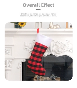 Classic red and black buffalo plaid Christmas stocking with white plush cuff on fireplace