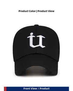 Detailed front view of black cotton baseball cap with 3D white embroidered U letter