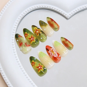 Floral almond press-on nails with 3D pearls and green wave pattern in vintage style