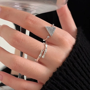 Anillo Ajustable de Plata de Ley 925 para Mujer Diseño Minimalista de Bambú Textura Triangular Anillo de Dedo Abierto Geométrico Joyería Regalo