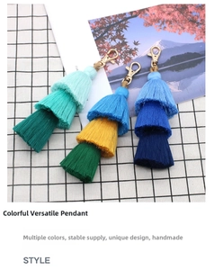 Macro detail of three-tier handmade colorful tassel charms with gold lobster clasps