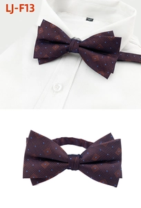 Detail of dark brown bow tie with blue polka dots on a white formal shirt