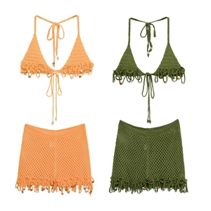 Two-piece crochet bikini set with halter top and beaded fringe skirt in orange and green