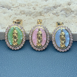 Guadalupe Mary Virgin Mary Oval Pendant Charm For DIY Jewelry Making Copper Shell Inlaid Zirconia Gold Plated Religious Accessory