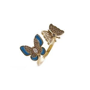Golden open ring with double butterfly design, blue enamel and zircon stones inlay