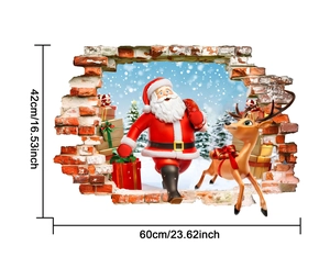 Detailed dimensions of 3D Christmas wall sticker showing Santa and Reindeer through a wall