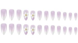 Detail view of 24pcs light purple gradient almond fake nails with white daisy patterns