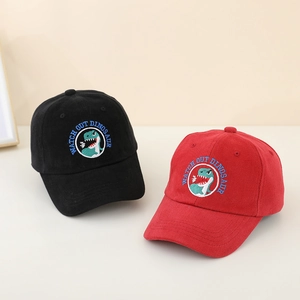 Cappellini da baseball in cotone nero e rosso per bambini con ricamo di dinosauro e visiera