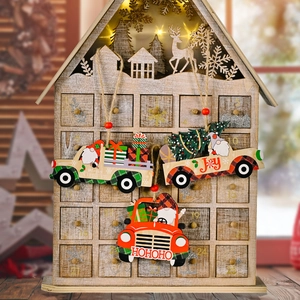 Wooden Christmas advent calendar house with 24 drawers and festive truck hanging ornaments