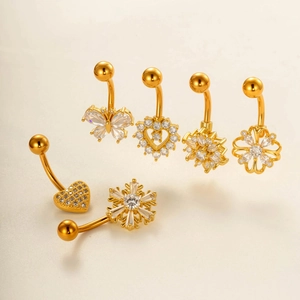 Set of 6 gold-plated stainless steel belly button rings with butterfly and heart zircon