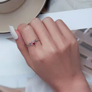 Gothic 925 sterling silver ring with heart red stone and bat wing design for men and women