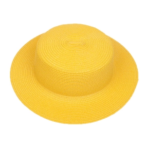 Top down view showing high quality weave texture of a bright yellow straw boater hat