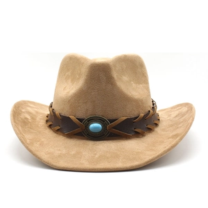 Detail of camel western cowboy hat with brown braided leather band and turquoise stone