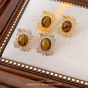 Retro Tiger Eye Stone Geometric Copper Earrings With 925 Sterling Silver Earring Post Vintage Textured Studs For Women