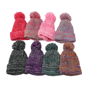 Winter knitted pom-pom beanies collection in 8 assorted colors with warm cable patterns