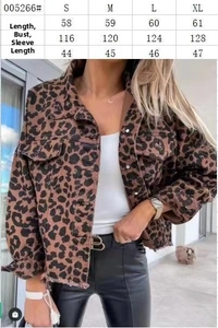 Size guide with bust and length measurements for women's leopard print denim jacket