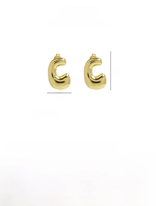 Detail view of 18k gold plated brass balloon letter C earring with size and weight specs
