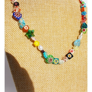 Colorful floral glass beads and white pearl necklace with mixed star and heart shapes