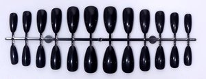 Glossy black almond fake nails set with 24 pieces on a plastic runner for easy application