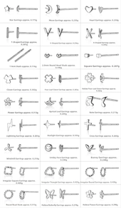 Matrix of 27 assorted S925 sterling silver stud earrings in various geometric shapes