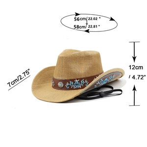 Western straw cowboy hat with bohemian floral embroidery and wide sun protection brim