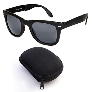 Classic black folding sunglasses with a durable semi-hard zipper case and dark grey lenses