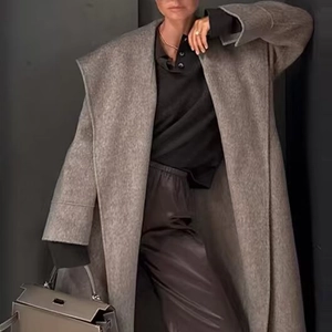 Elegant Women Woolen Coat British Style Large Lapel Belted Waist Solid Color Long Sleeve Mid-Long Outerwear