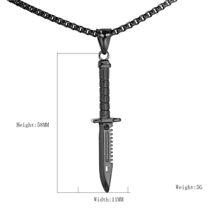 Men's stainless steel long necklace with a black dagger pendant showing size 58x11mm